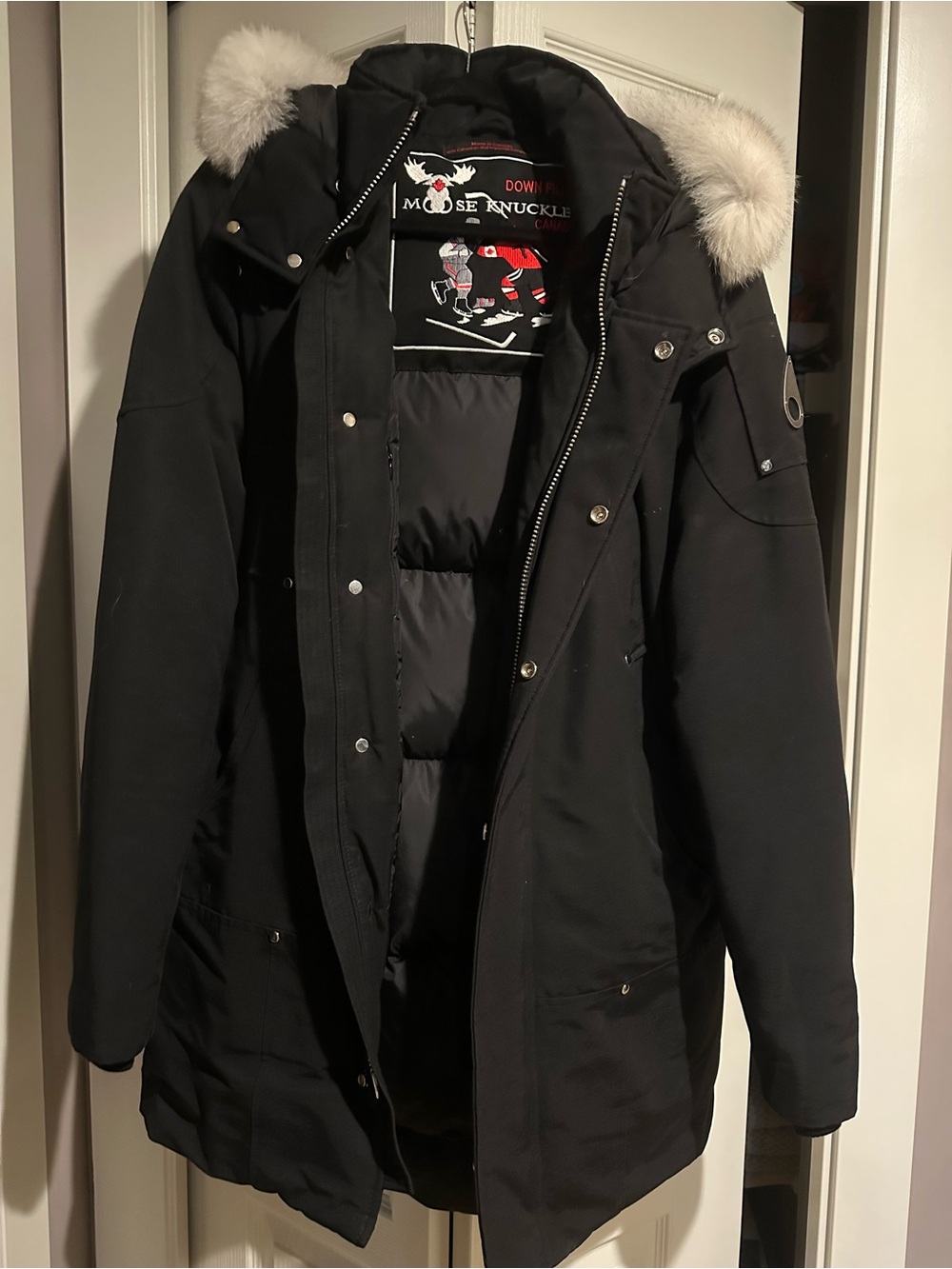 Moose Knuckles Black Down Parka with Blue Fox Trimmer